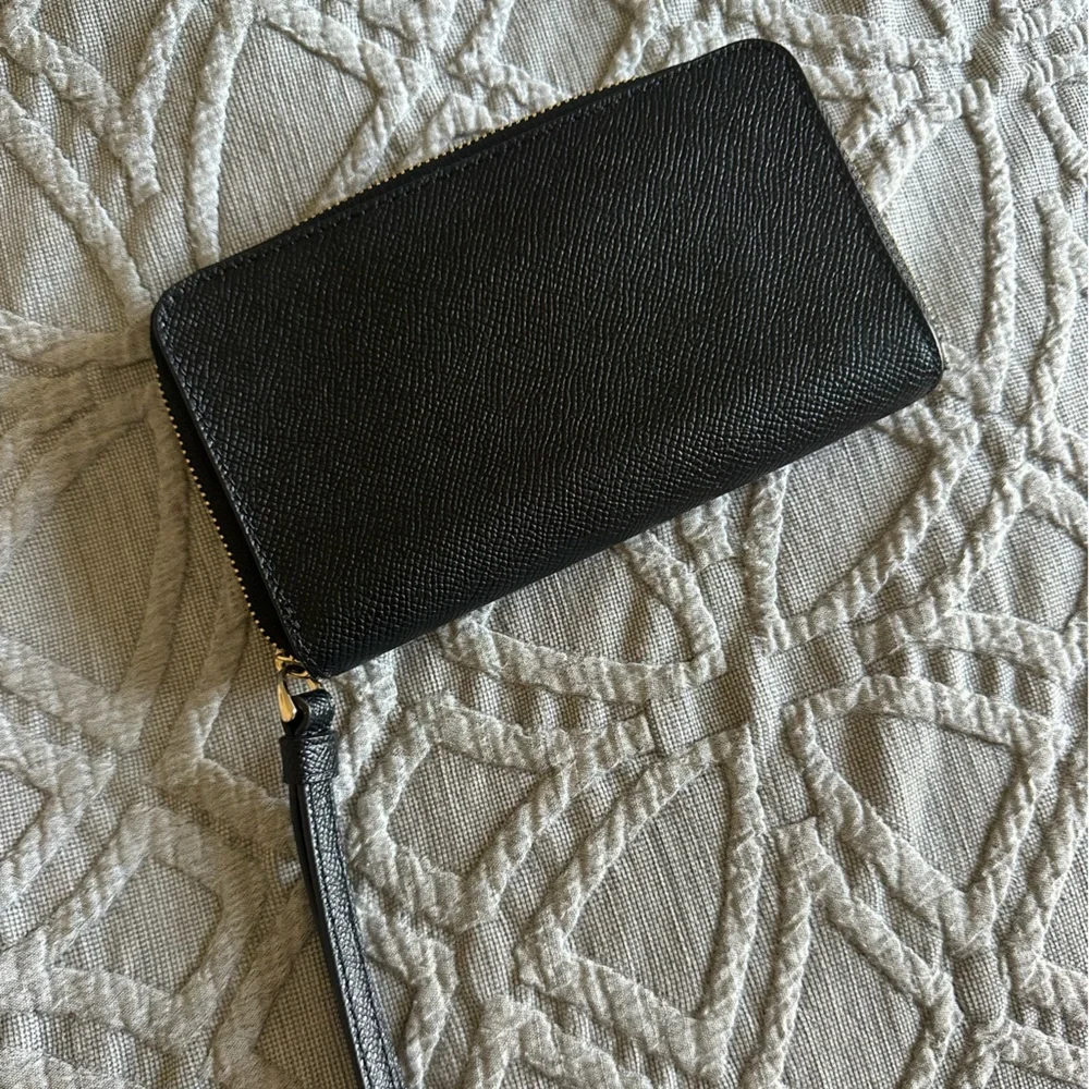 Coach wristlet zip around black pebble wallet